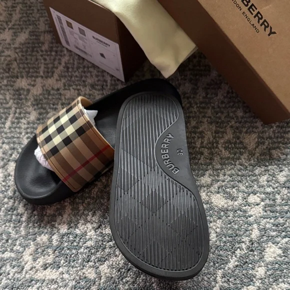 Burberry Plaid Slide Sandals in Black and Tan - Picture 3 of 6